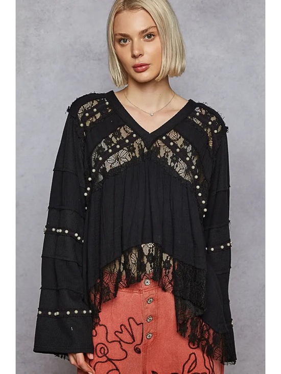 POL Tops - POL Black Lace-Trim Pearl-Embellished V-Neck Tunic